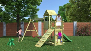 Plac Zabaw do Ogrodu dla dzieci Drewniany ze zjeżdżalnią, domkiem, huśtawkami, ścianą wspinaczkową Floppi