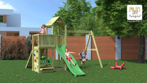 Plac Zabaw do Ogrodu dla dzieci Drewniany ze zjeżdżalnią, domkiem, huśtawkami, ścianą wspinaczkową Floppi