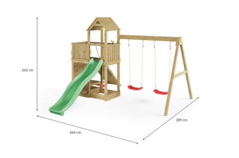 Plac Zabaw do Ogrodu dla dzieci Drewniany ze zjeżdżalnią, domkiem, huśtawkami, ścianą wspinaczkową Floppi