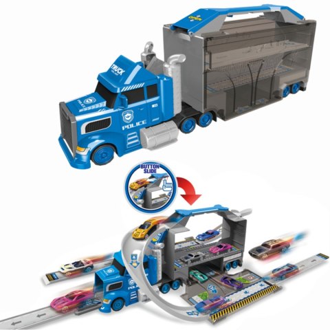 WOOPIE Ciężarówka Policyjna 4w1 Transporter Garaż Tor Samochodowy Wyrzutnia