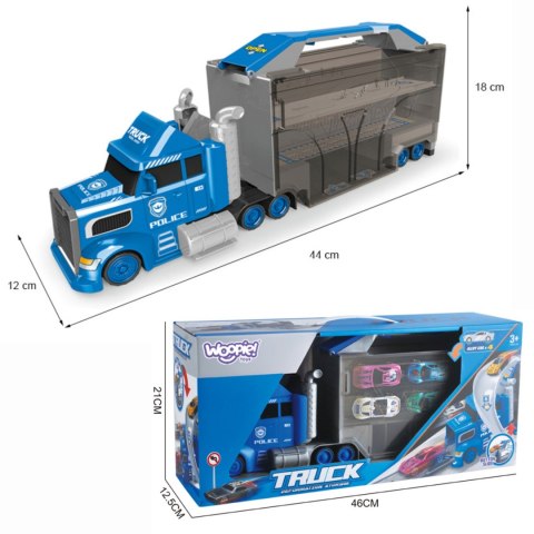 WOOPIE Ciężarówka Policyjna 4w1 Transporter Garaż Tor Samochodowy Wyrzutnia