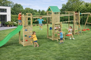Duży Drewniany Plac Zabaw Ogrodowy dla Dzieci Longer zjeżdżalnia, huśtawki, ścianka wspinaczkowa, kuchnia błotna