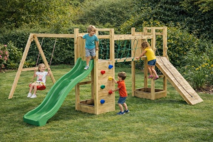 Duży Drewniany Plac Zabaw dla Dzieci Zjeżdżalnia, Huśtawki, ścianka wspinaczkowa, drabinka Maxi Funny
