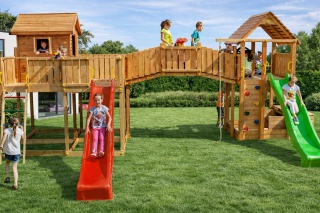 Duży Drewniany Plac Zabaw dla Dzieci XXl Joy 2x domek, 2x zjeżdżalnia, most, ścianka lina wspinaczkowa