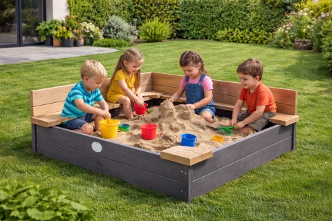 Piaskownica XXL dla dzieci na podwórko Ella 150 x 150 z Ławeczkami Antracyt