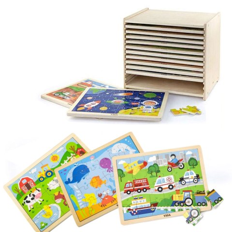 Puzzle drewniane 12 układanek po 24 puzzle na regale Viga Toys Viga Toys