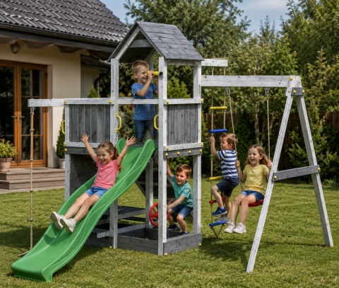 Drewniany Plac Zabaw do Ogrodu dla dzieci ACTIV Zjeżdżalnia Domek Huśtawka Piaskownica Drabinka