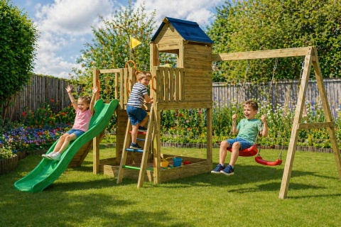 Duży Plac Zabaw dla Dzieci Domek Na drzewie Treehouse Huśtawka Zjeżdżalnia ścianka wspinaczkowa