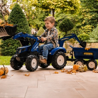 Duży Traktor dla dzieci New Holland z Maxi Przyczepą, ładowarkąi Łyżką od 3 lat FALK