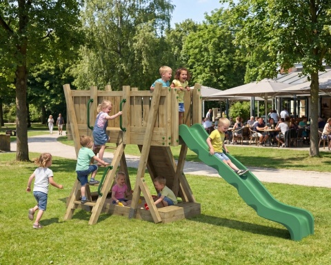 Drewniany Plac Zabaw dla dzieci z Certyfikatem Szkoła Przedszkole FunForte I Zjeżdżalnia Piaskownica Ścianka Wspinaczkowa
