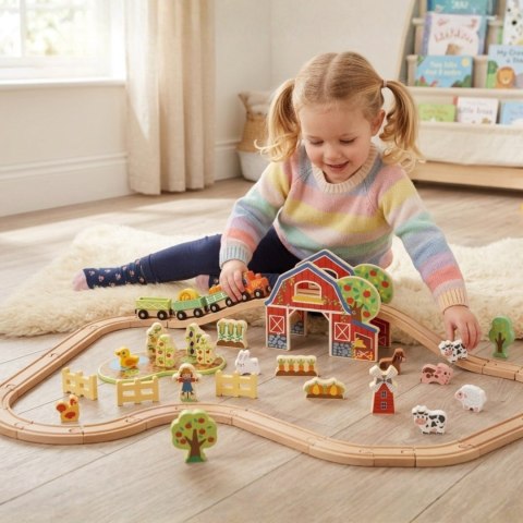 Drewniana Kolejka Farma zabawka dla dzieci Zestaw 48 el. TOOKY TOY