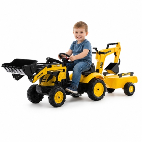 Traktor na Pedały dla dzieci Komatsu z Łyżką Koparką i Przyczepą FALK