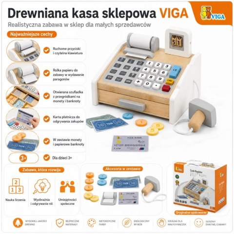 Drewniana Kasa sklepowa dla dzieci szaro biała VIGA