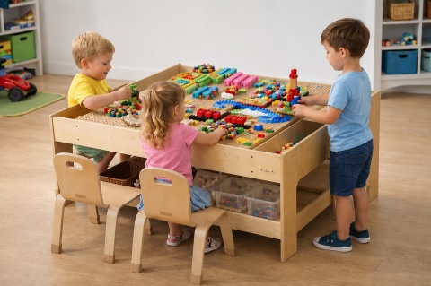 Drewniany Stolik Edukacyjny Kreatywny STEM dla dzieci + AKCESORIA + 135 Klocków do szkoły przedszkola MASTERKIDZ