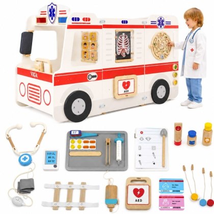 Duży Drewniany Ambulans Karetka Małych Ratowników Interaktywny Zestaw dla dzieci + akcesoria Szkoła Przedszkole Żłobek Szpital