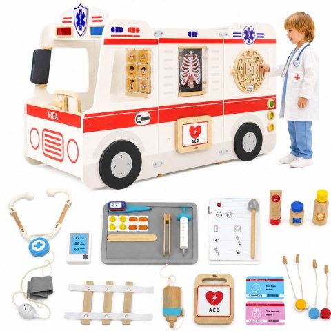 Duży Drewniany Ambulans Karetka Małych Ratowników Interaktywny Zestaw dla dzieci + akcesoria Szkoła Przedszkole Żłobek Szpital