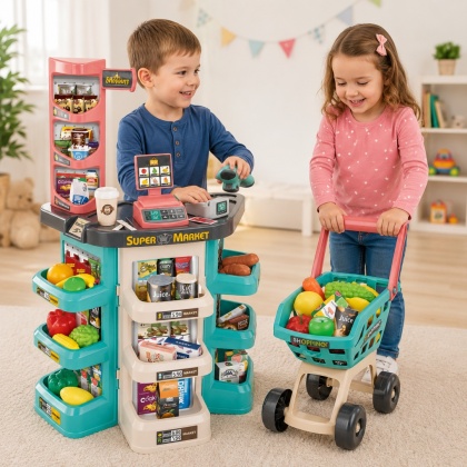 Sklep dla Dzieci Supermarket i Wózek Koszyk Sklepowy Kasa Waga Skaner 47 akc