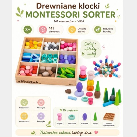 VIGA Klocki Drewniane Edukacyjne Układanka Montesori 141el.