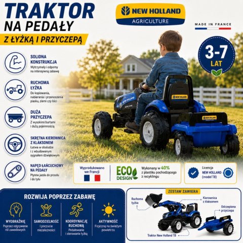 Duży Traktor dla Dzieci New Holland na pedały z przyczepą i łyżką od 3 lat FALK