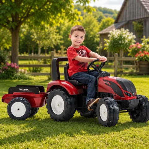 Traktorek Czerwony Valtra S4 na Pedały z Przyczepką od 3 Lat FALK